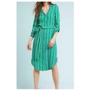 Maeve by Anthropologie Green White Striped 100% Viscose Shirt Dress Belted US 4